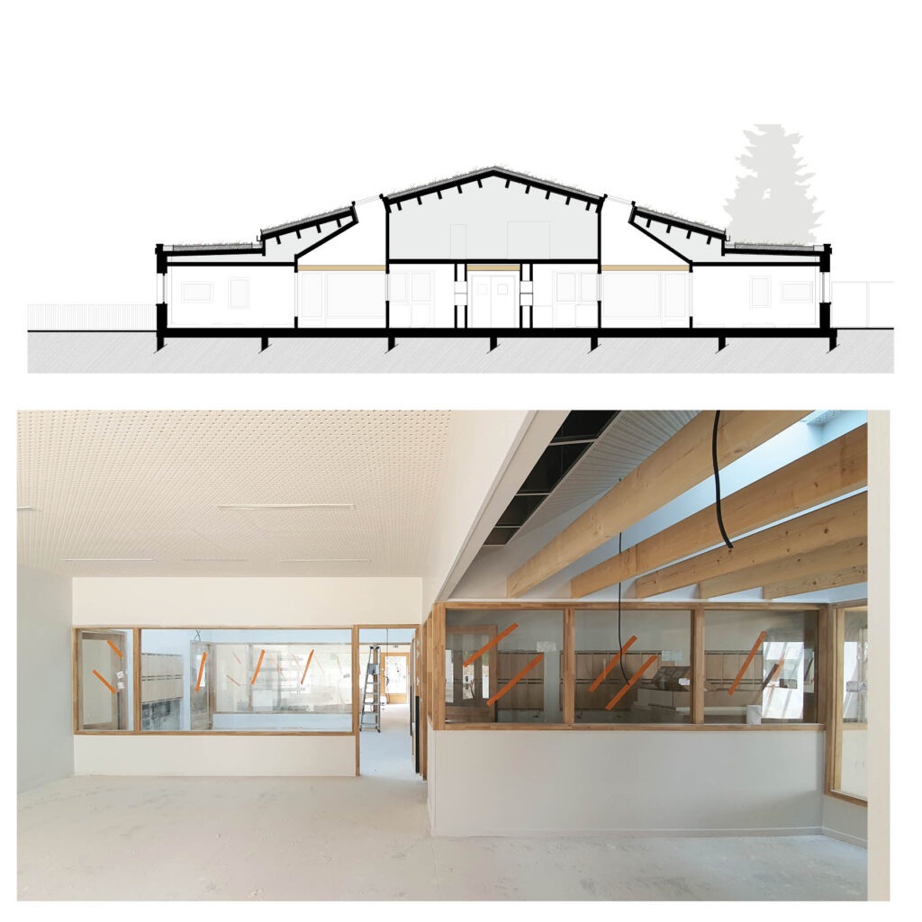 Les lumières zénithales sont implantées en quinconce  sur les «patios» et les «passages»